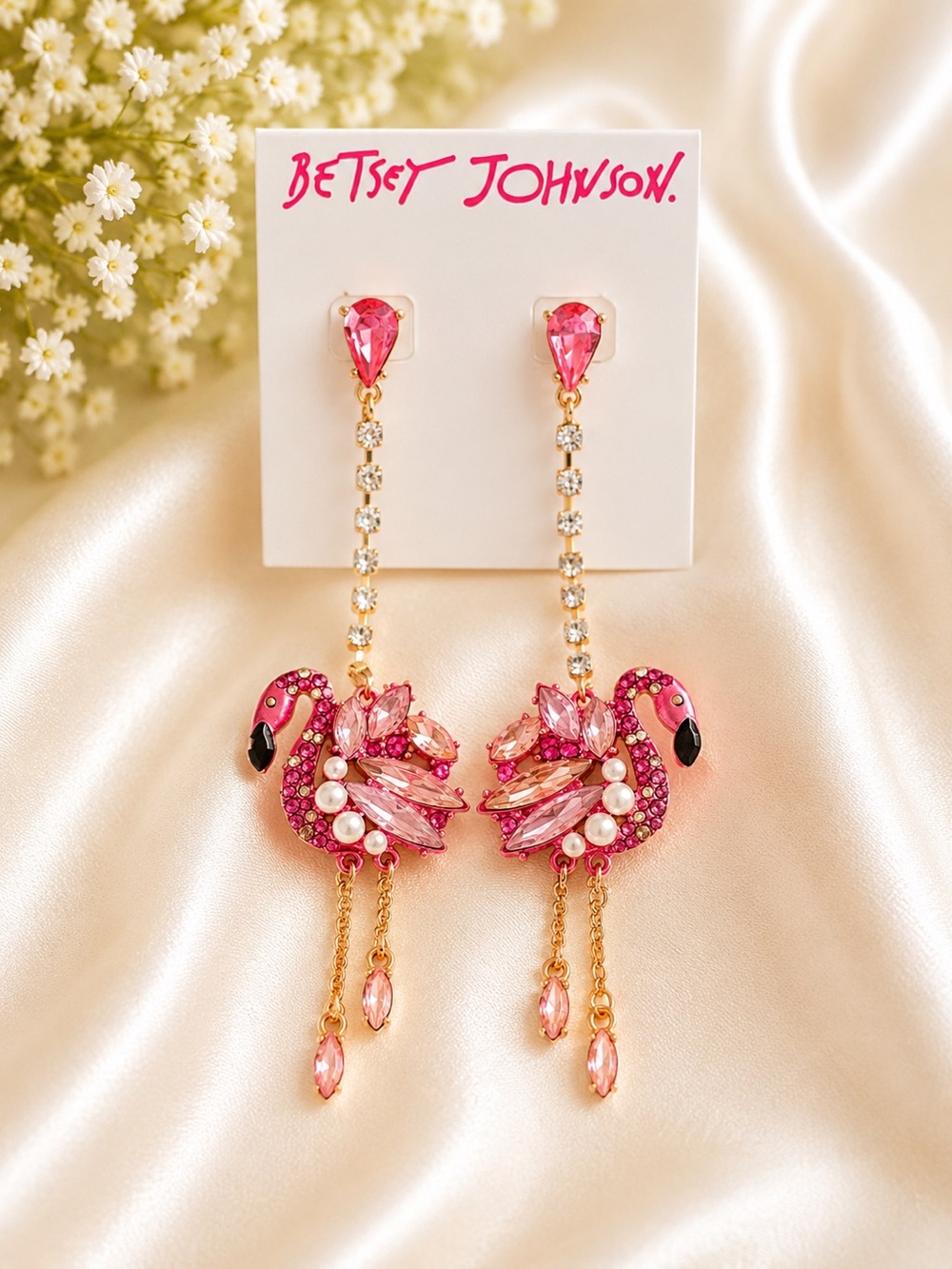 Betsey Johnson Pink Flamingo Crystal Drop Earrings NWT